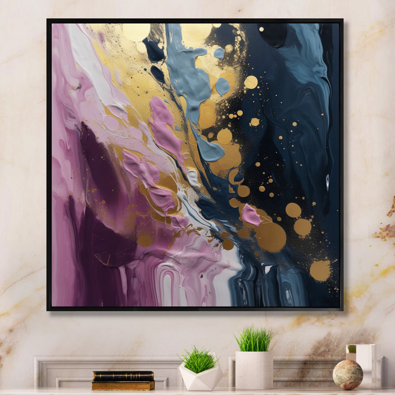 Mauve et bleu mouvements en peinture III - peinture abstraite, art mural, H 16 po x l 16 po x P 1 po, Cadre flottant noir