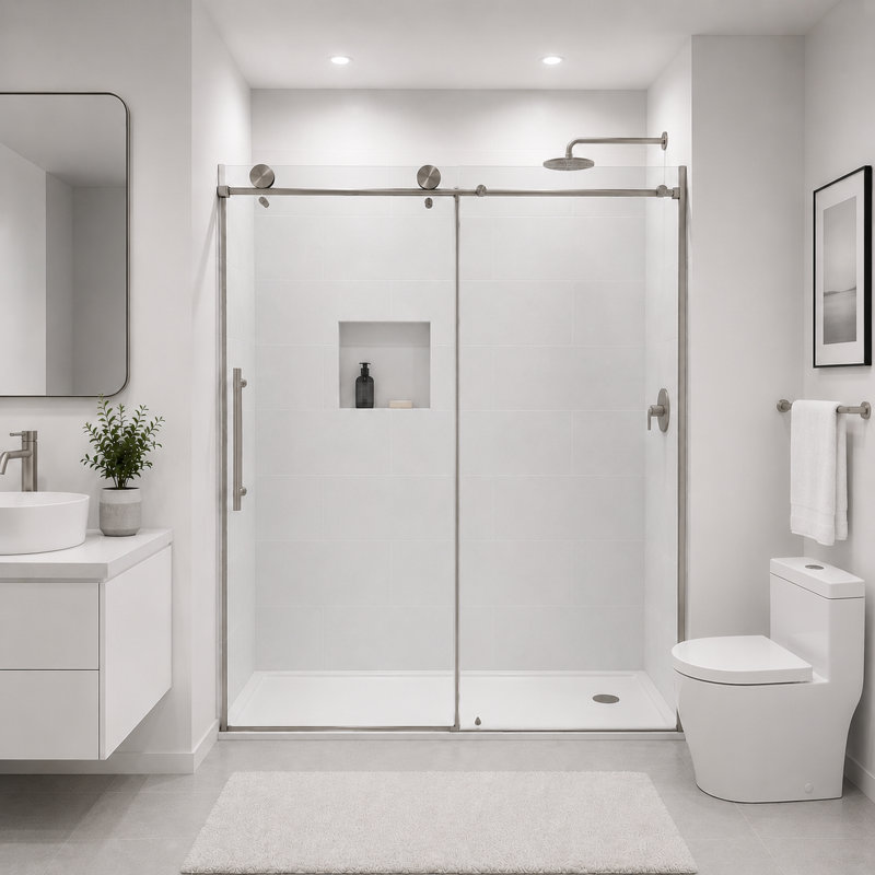 Porte de douche coulissante sans cadre 60 po x 76 po Rainhaven (W12-621) - verre trempé de 8 mm, nickel brossé