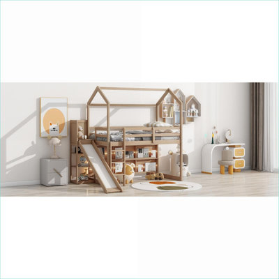 Lit mezzanine simple en bois de pin massif de taille simple, sans sommier tapissier, capacité de 400 lb, avec rangement à glissière et amp; Lumière, couleur bois pour la chambre à coucher