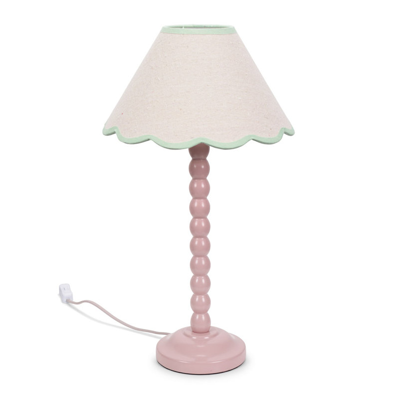 Nephi Bobbins Painted Table Lamp with Tapered Natural Linen Trim Scallop Shade, Natural Linen with Green Trim, Pink, No