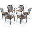 Chaise de patio en aluminium coulé 6 pièces, structure noire, coussins bruns, moulage traditionnel pour un look élégant, résistant aux intempéries et au revêtement, large, empilable avec 6 pièces, motifs, haute qualité