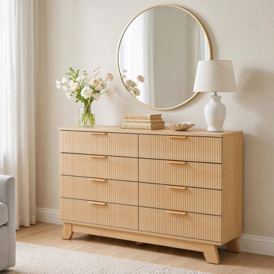 Commode cannelée en bois clair naturel avec miroir rond