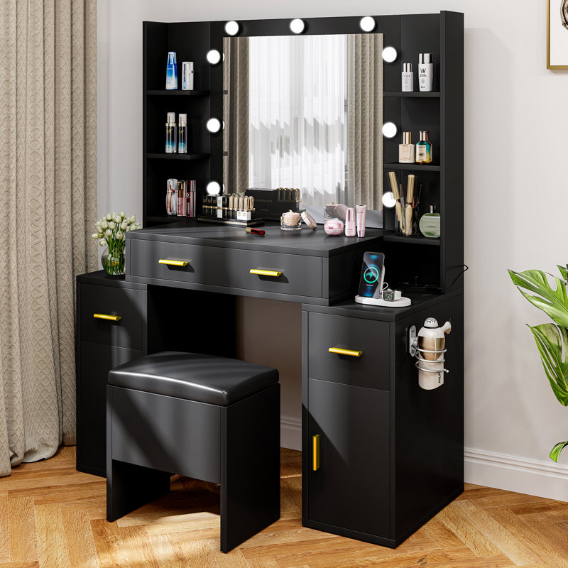 Vanity With Built-In Outlets And Lighted Mirror, Black