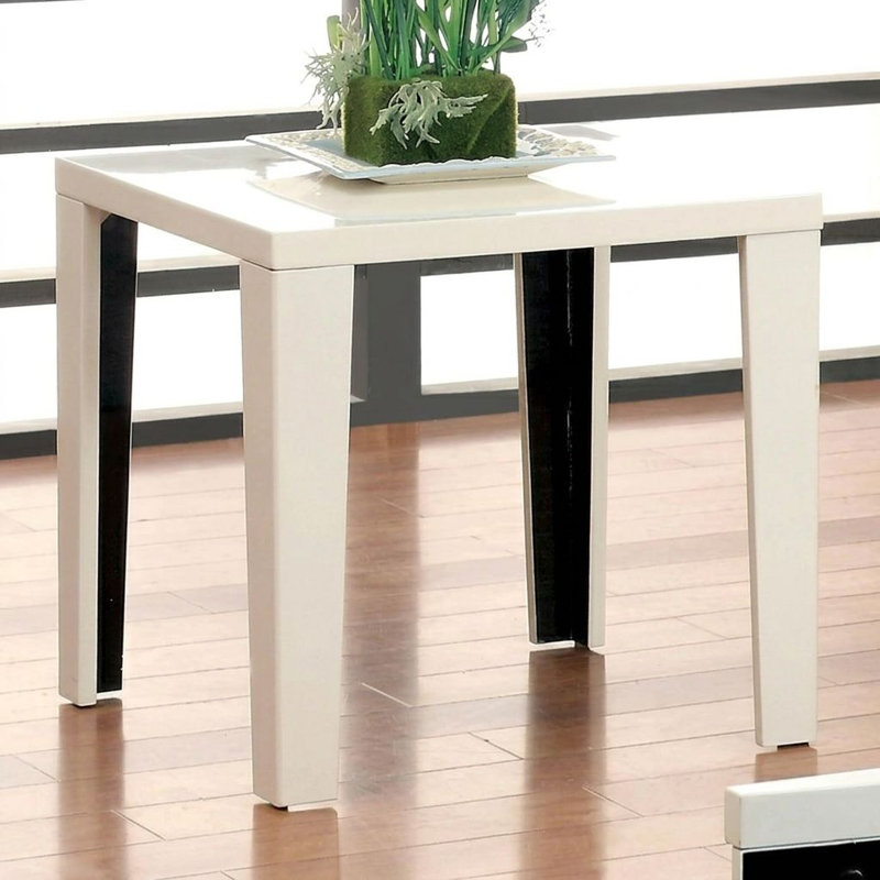 Coleen Table de bout carrée blanche / noire en bois avec finition laquée ultrabrillante