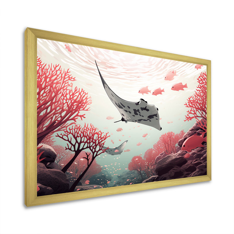 «Monochome Manta Rays Dance I», reproduction d'art sur toile, Cadre doré simple, H 34 po x l 44 po x P 1,5 po