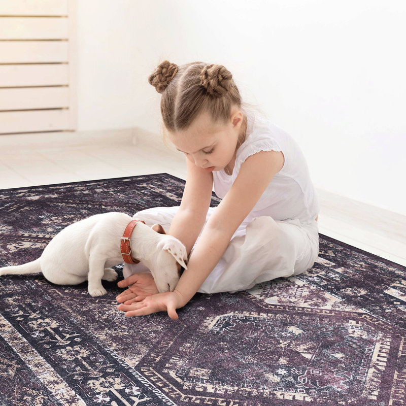 Machine Washable Area Rug 5X8 - Non-Slip, Low-Pile Bedroom, Living Room, Kitchen, Dining Room Floor Cover Pet & Black+Burgundy Non-Shedding, Decoration