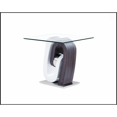Table de bout Rocky avec plateau en verre trempé transparent et base en métal deux tons, parfaite pour les espaces de vie modernes
