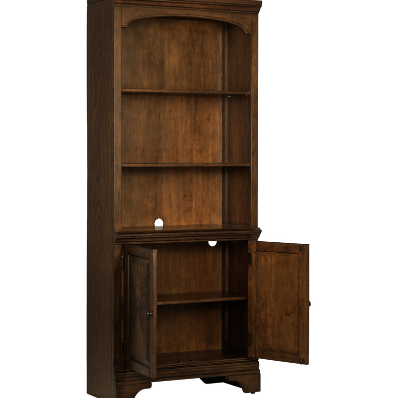 Bibliothèque en chêne bruni, armoire à deux portes, cinq tablettes avec trois réglables, gestion des câbles pour dissimuler les fils, aspect de bibliothèque en bois d'ingénierie, caractéristique, horizontal, tablettes pour câbles