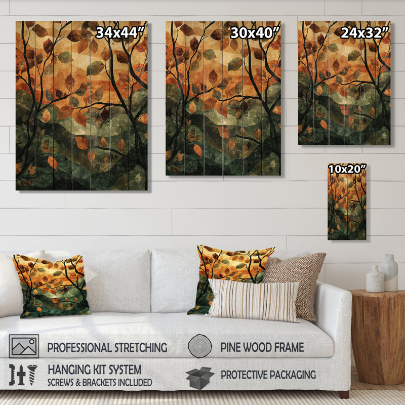 Feuilles de la forêt brune, tranquillité II - feuilles, art mural sur bois de pin naturel, H 40 po x l 30 po x P 0,78 po