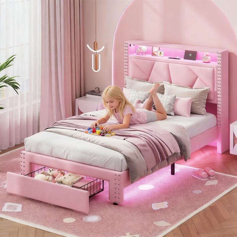 Velvet Upholstered Storage Teens Bed with Drawer & Charging Station 5 Support Legs, Pink