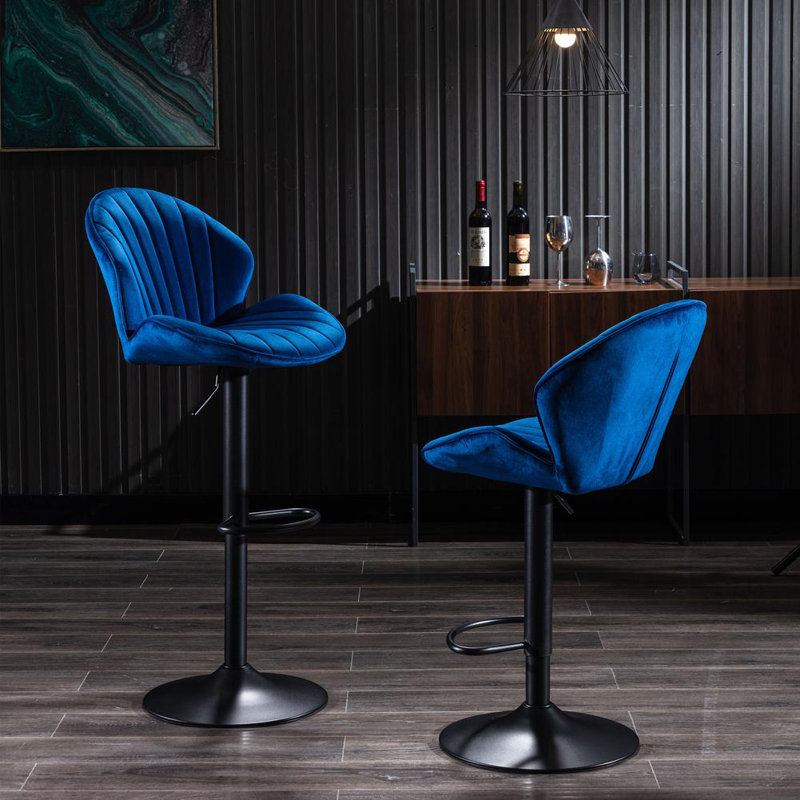 Upholstered Adjustable Bar Stools With Backrest Footrest And Swivel Mechanism Set Of 2, Blue
