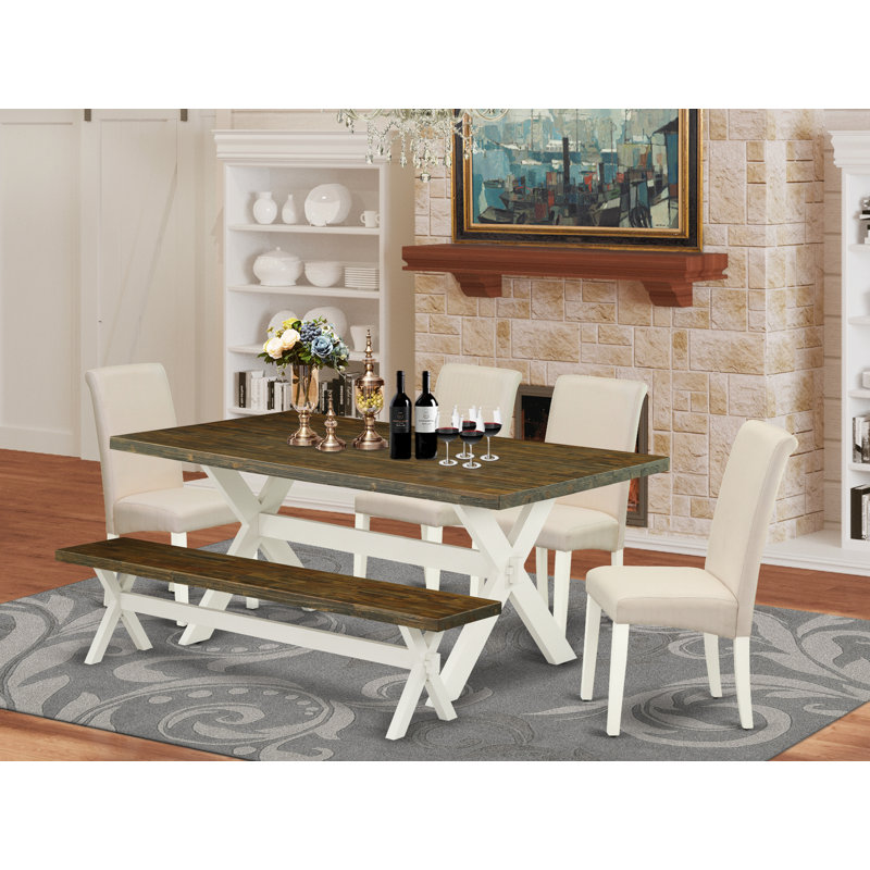 L'ensemble de salle à manger 6 pièces contient une table de salle à manger rectangulaire avec des pieds en X et 4 chaises Parson en lin crème avec banc, lin brossé blanc 