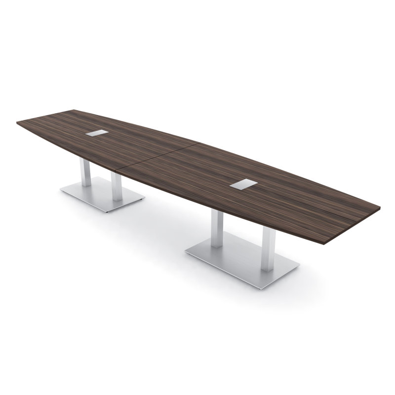 Table de conférence en forme de bateau avec base en métal double | Unité électrique, L 168 po x l 48 po, Eucalyptus naturel