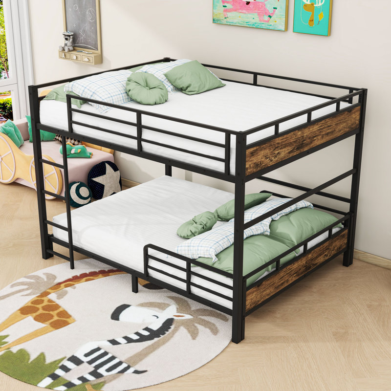 Metal Bunk Bed With Safety Rai, Vintage Wood, Queen Over Queen