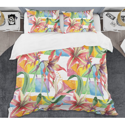 Ensemble de housse de couette à style mid-century à motif floral rétro
