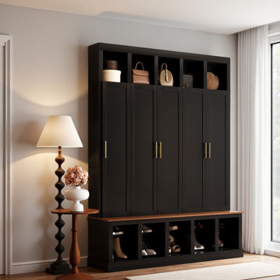 Farmhouse Entryway Storage Cabinet Coat Closet with Shoe Rack & Display Cubbies