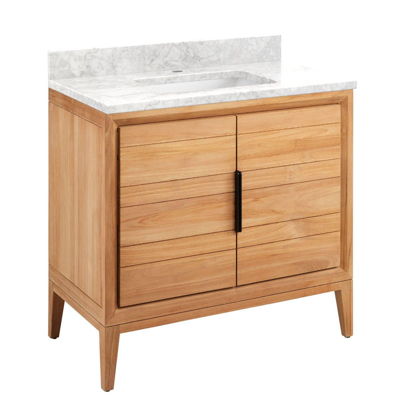 Meuble-lavabo simple 36 po Aliso, Marbre de Carrare, Teck naturel, Monocentre centré