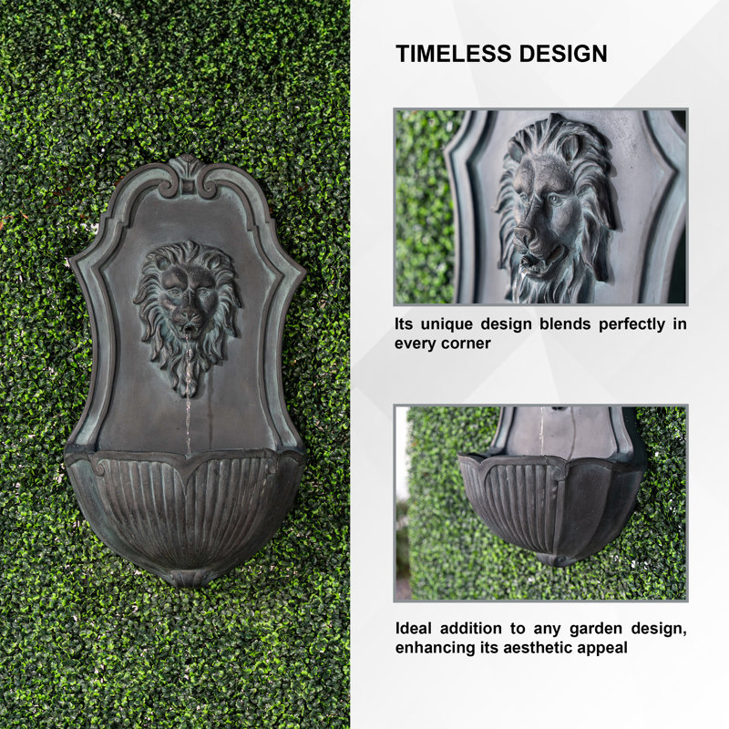 29.9 in. Solar-Powered Wall-Mounted Lion Head Waterfall Fountain, Resin, Outdoor, Gray