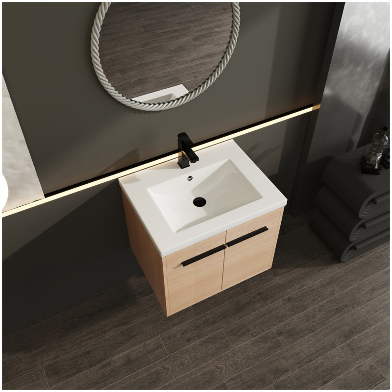 LEVISTAR Oak 24 Inch Bathroom Vanity with resin Countertop Sink, 2 Doors Bathroom Cabinet Set, 28"