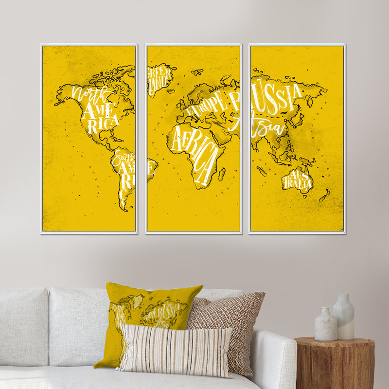 Carte du monde vintage rétro - cartes murales sur toile, ensemble de 3, H 32 po x l 48 po x P 1 po, Blanc