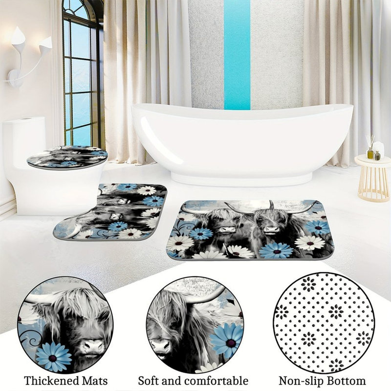 Ensemble de 3 tapis de douche noir et blanc Highland Cow pour décor rustique