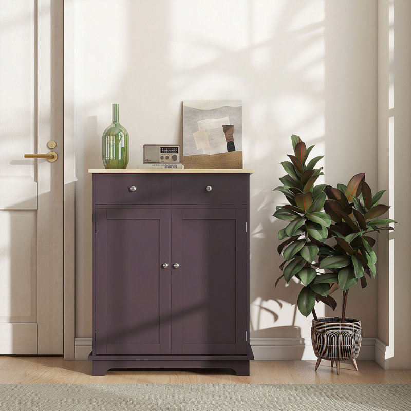 Sideboard With Solid Wood Countertop, Modern Kitchen Storage Cabinet, Coffee Bar Cabinet With 2 Drawers, Doors And Adjustable Shelf