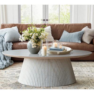 Oval Modern Coffee Table with Fluted Tapered Base, Faux Travertine Centre Table,Stone colour
