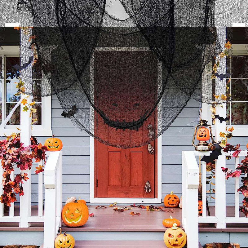 Lot de 5 rouleaux de gaze noire effrayante pour l'Halloween, tissu noir déchiré et sinistre pour maison hantée, décorations de fête d'Halloween intérieures et extérieures