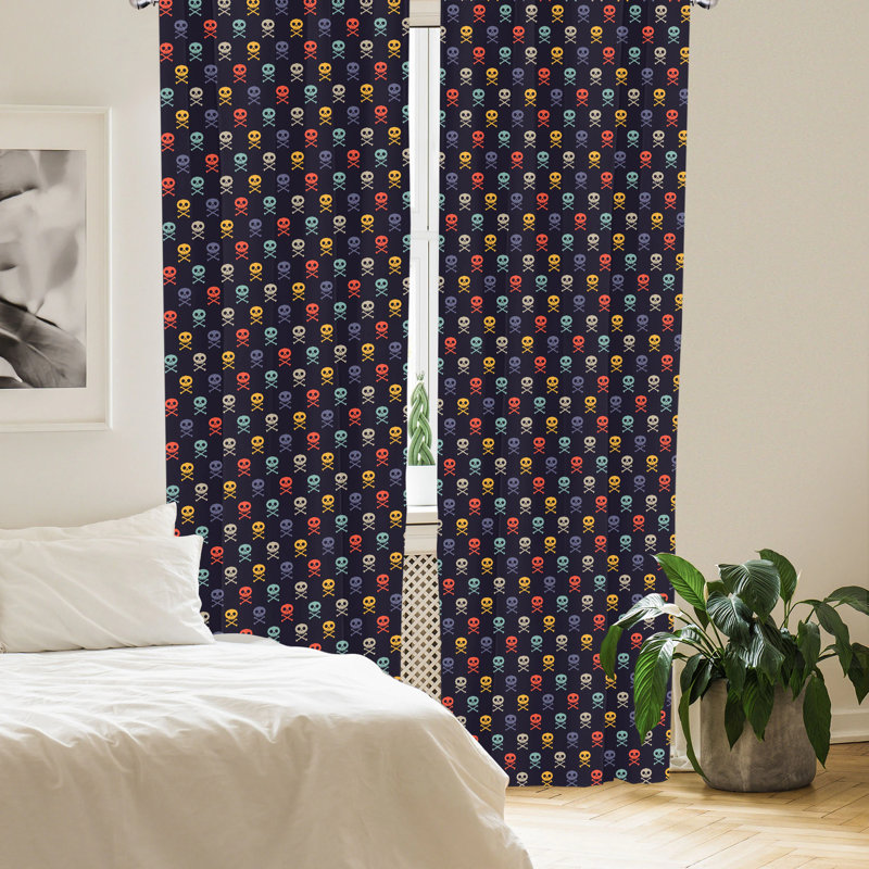 Multicolor Skull Print Rod Pocket Polyester Curtain Panels, 28" x 63"