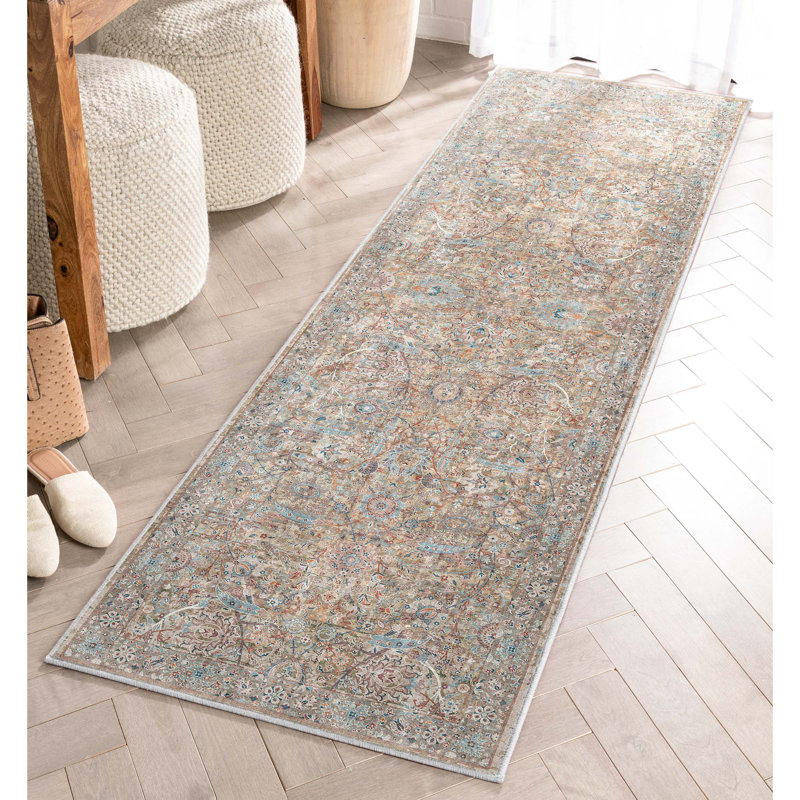 Tapis oriental bleu / brun tissé à la machine, Tapis de couloir 2 pi 3 po x 7 pi 3 po