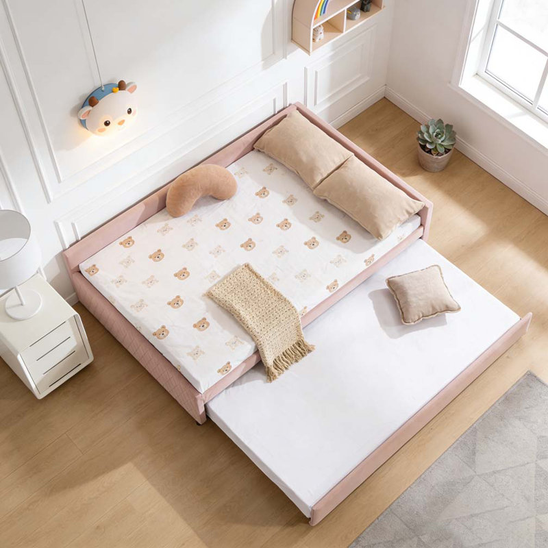 Lit de jour rembourré avec lit gigogne, base de lit en bois robuste, Rose