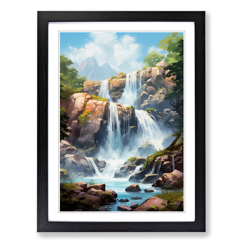 Waterfall Tachisme Art - Framed Print, 64cm H x 46cm W, Black Framed