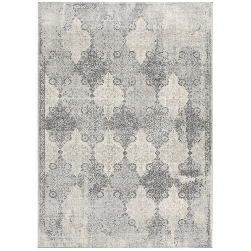 Rug Branch Nazira 2' x 5' (2'3" x 5'1") Grey/Beige Damask Indoor Doormat Rug, Contemporary, Low Pile, Stain-Resistant Entry Carpet - Front Door, Mudroom, Hallway and Kitchen