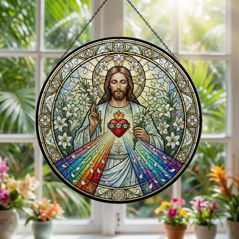 Panneau de vitrail Sacred Heart - 7,8H, H 7,8 po