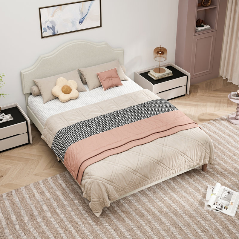 Lit plateforme tapissier avec tête de lit réglable, Beige, Grand