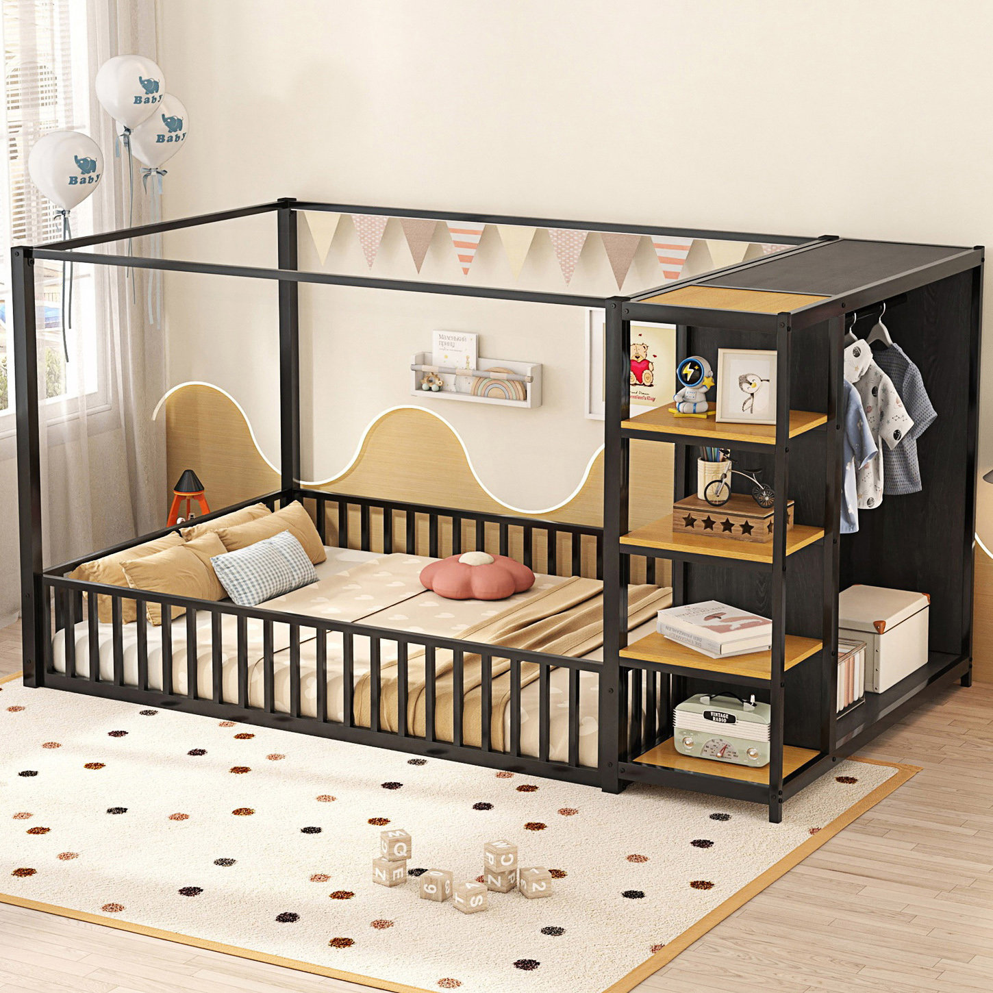 Latitude Run® Full Size Floor Bed Frame With Wardrobe, Metal Floor Bed ...