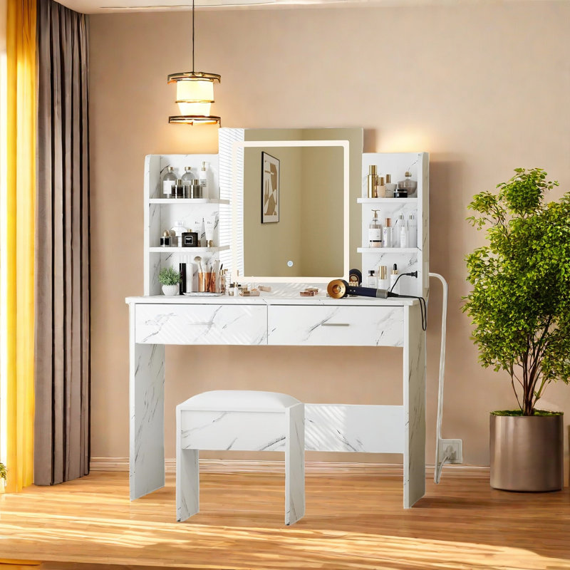 Vanity Desk With Lighting Mirror And Power Outlet, Makeup Vanity Set With Stool, Vanity Table With 6 Storage Shelves, 2 Large Drawers, 3 Color Adjustable Brightness