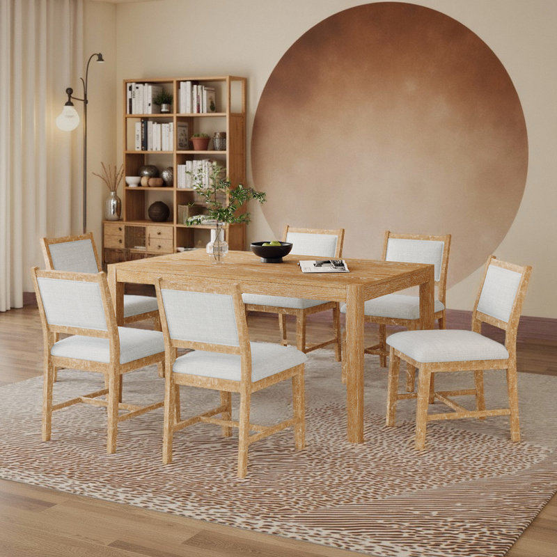 Ensemble de table de salle à manger rectangulaire 7 pièces avec sièges confortables, structure en bois, Brun