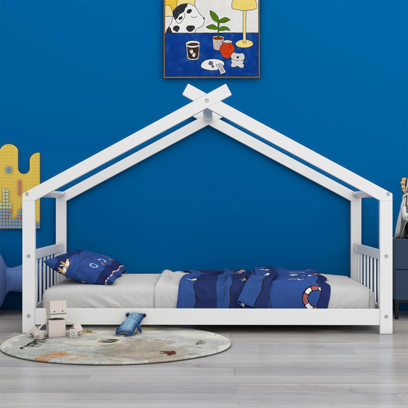 Solid Wood Low House Bed, White, Twin
