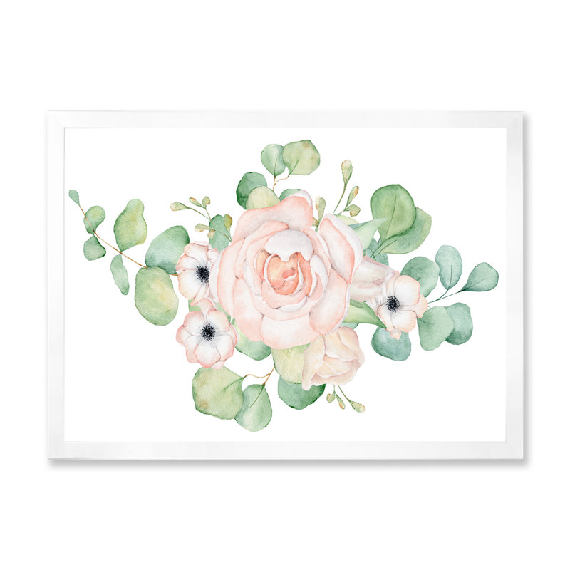 Fleurs et bouquet de feuilles d'eucalyptus II - Peinture sur toile, H 30 po x l 40 po x P 1,5 po, Cadre photo blanc