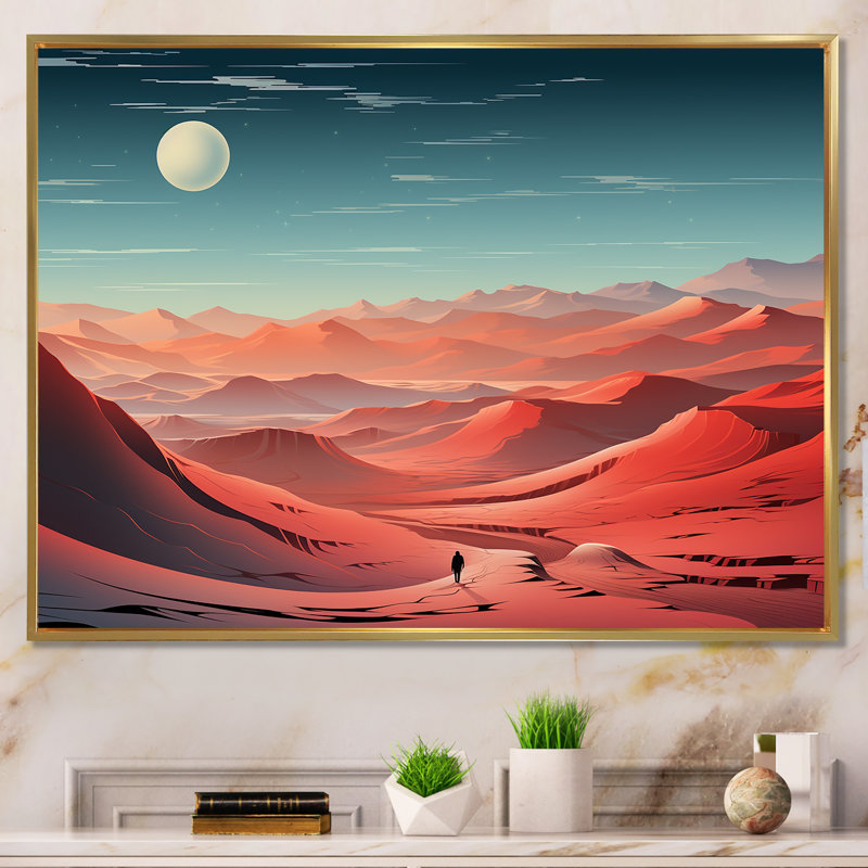 «Crimson Sands Desert Moon Horizon I», art mural désert, Cadre d'angle fermé noir, H 34 po x l 44 po x P 1,5 po