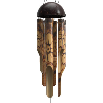 Carillons rustiques en bambou rustique - à l'extérieur des carillons de vent extérieurs en bois, petit motif floral brûlé avec couronne de noix de coco, fabriqué à la main avec des tons profonds apaisants, cadeau idéal pour lui et elle
