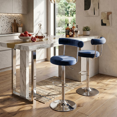 Modern Velvet Upholstered Swivel Adjustable Counter Bar Stools with Chrome Silver Pedestal Base