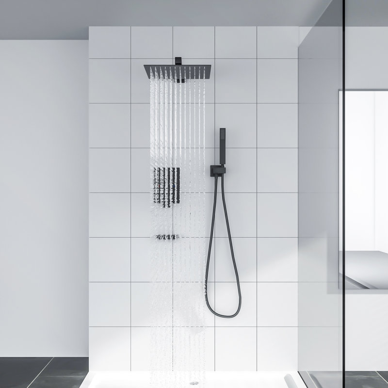 Système de douche mural double 12 po avec valve brute 12 po, Noir mat