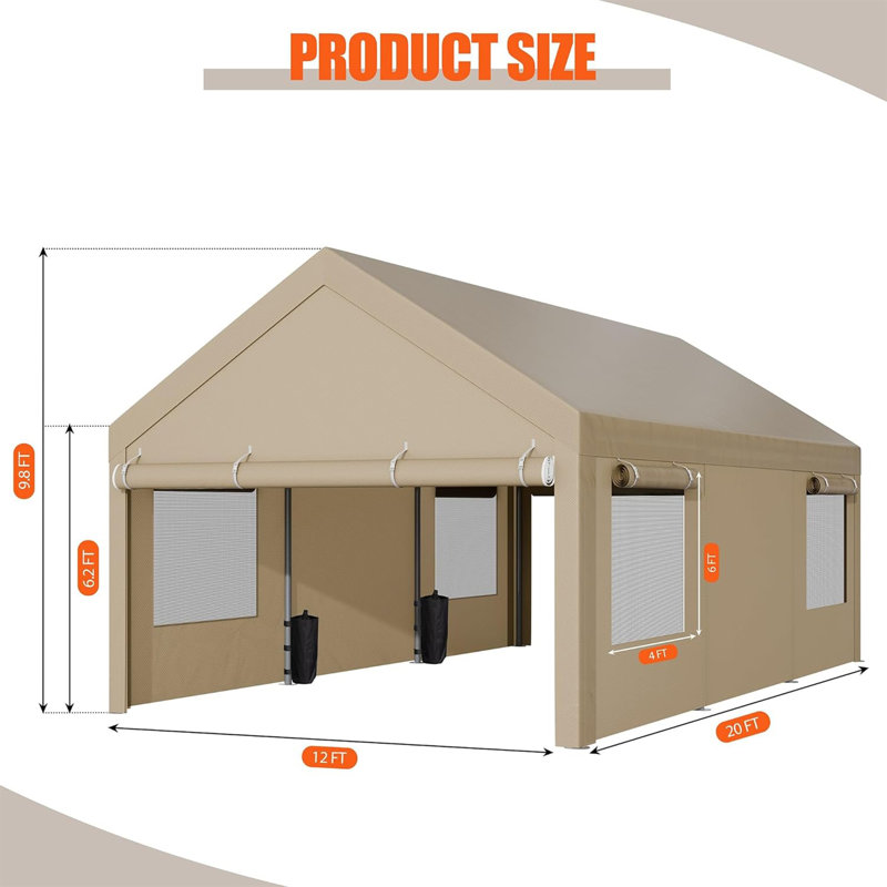 12 Ft. W X 20 Ft. D Heavy Duty Carport Portable Garage, Khaki, 12x20 FT