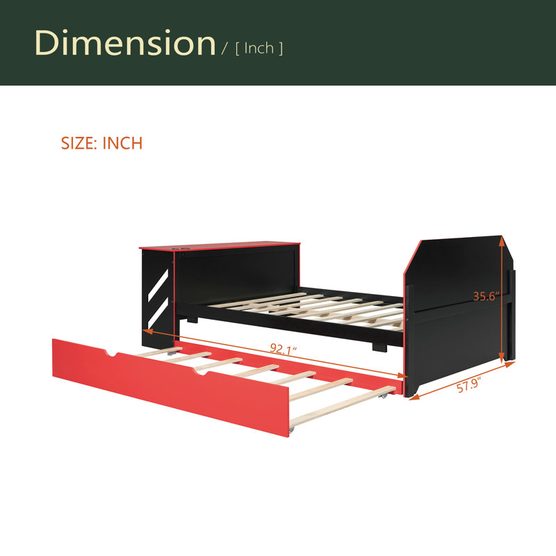 Lit de jour en bois pleine grandeur avec lit gigogne simple, bureau et port USB, Rouge