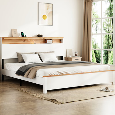 Très grand lit avec base de charge en bois: cette base de lit rustique avec tête de lit et station de charge intégrée est facile à installer et à utiliser, blanc classique