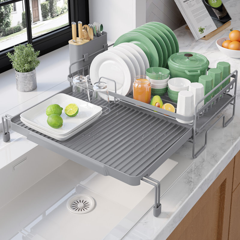 Extendable Dish Drying Rack - Adjustable Length 12.8"–21.0", Auto-Draining Dish Rack for Kitchen Counter, Rust-Resistant Metal Frame Over-Sink Support for Plates, Bowls & Utensils, Grey