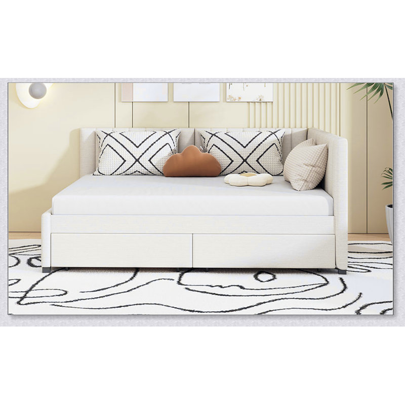 Full Upholstered Daybed With 2 Storage Drawers Sofa Bed Frame, Beige