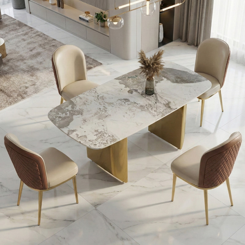 55" Luxury Dining Table with Random Natural Pattern Sintered Stone Top & Metal Base, Modern Rectangular Dining Table, Elegant Kitchen Dining Room Furniture,4-chair